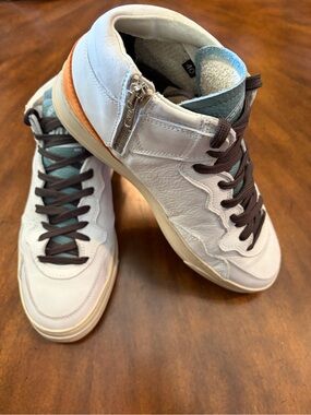 P448 White Leather High Top Sneakers Teal Orange Side Zip EU 40  US 10